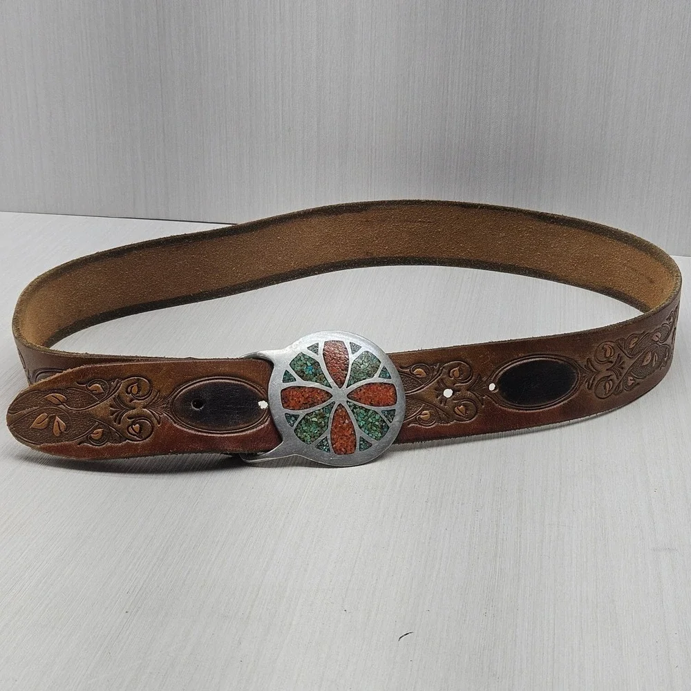 Indiana Metal Craft R J RobertsRainbow Jewelry Turquoise Inlay Buckle 1970s
